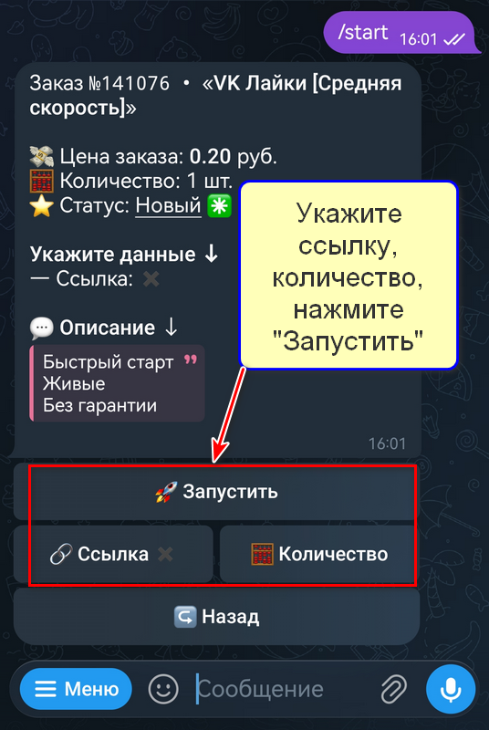 Запуск заказа