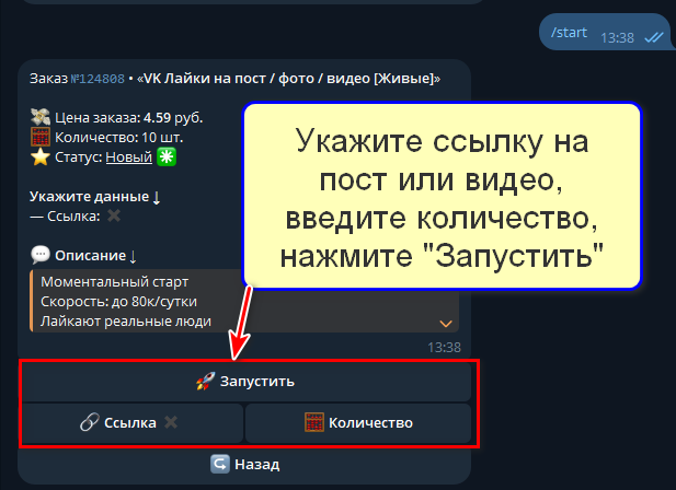 Кнопки "Запустить", "Ссылка" и "Количество"