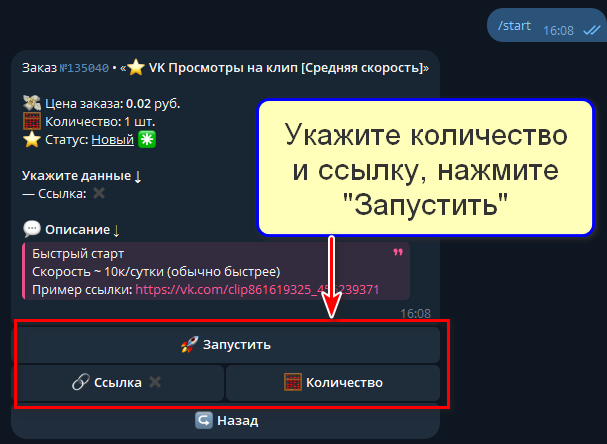 Кнопки "Ссылка", "Количество", "Запустить"