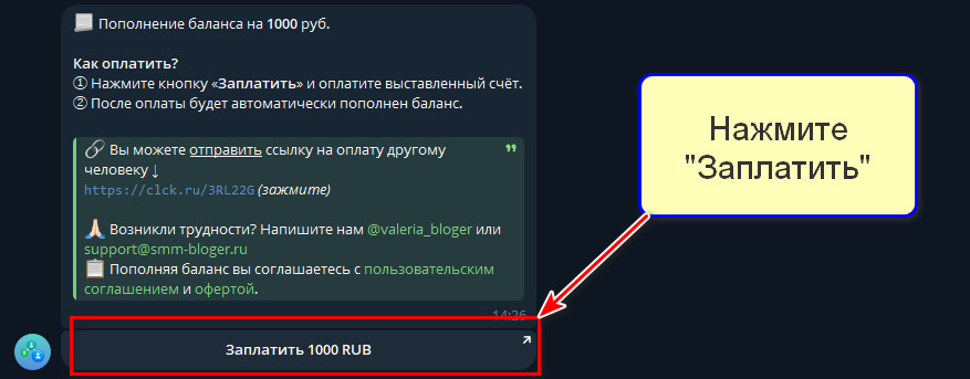Кнопка Заплатить в интерфейсе бота