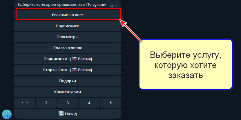 Выбор услуги для Телеграма