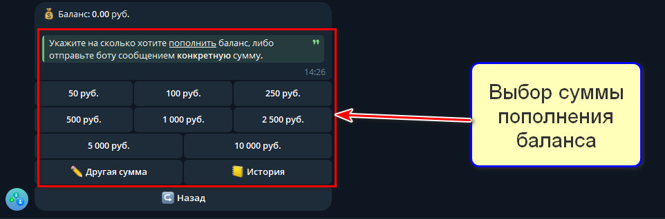 Выбор суммы пополнения баланса бота