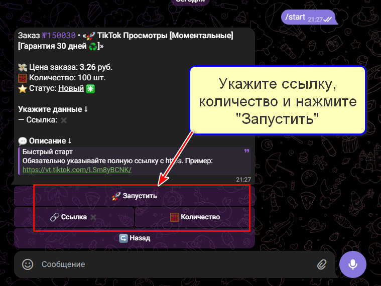 Настройка параметров заказа и кнопка "Запустить"