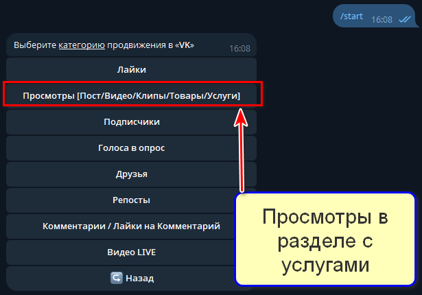 "Просмотры" среди "Услуг" для ВКонтакте