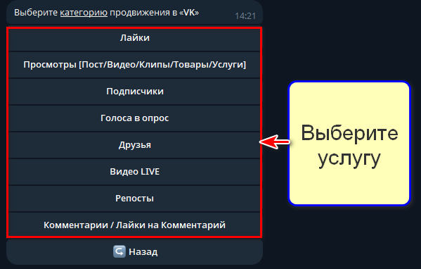 Выбор услуги для ВК