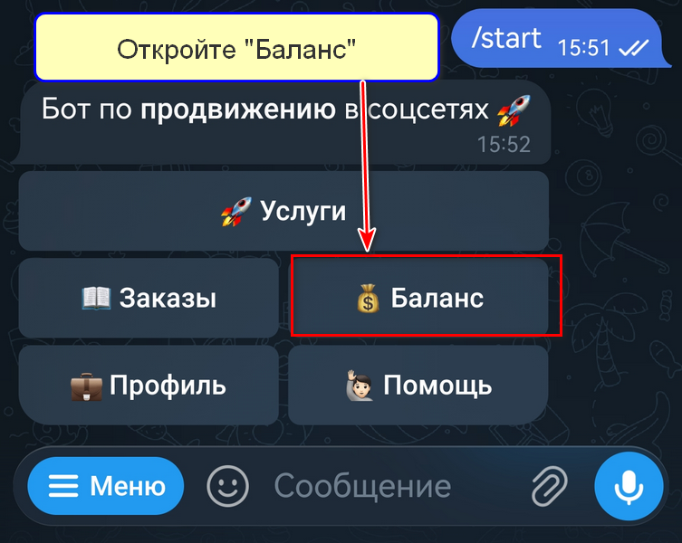 Баланс в меню бота