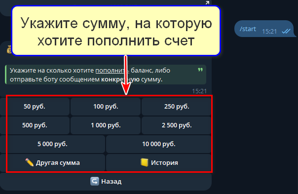 Выбор суммы пополнения баланса