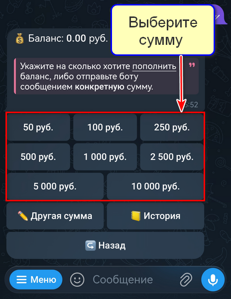 Выбор суммы пополнения баланса