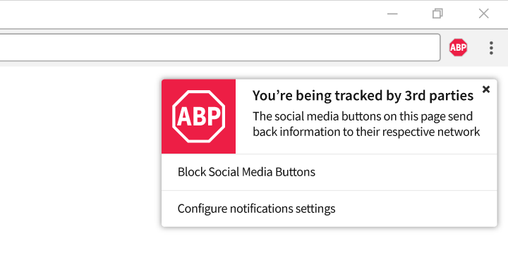 Уведомление Adblock Plus об отслеживании соцсетью действий пользователя