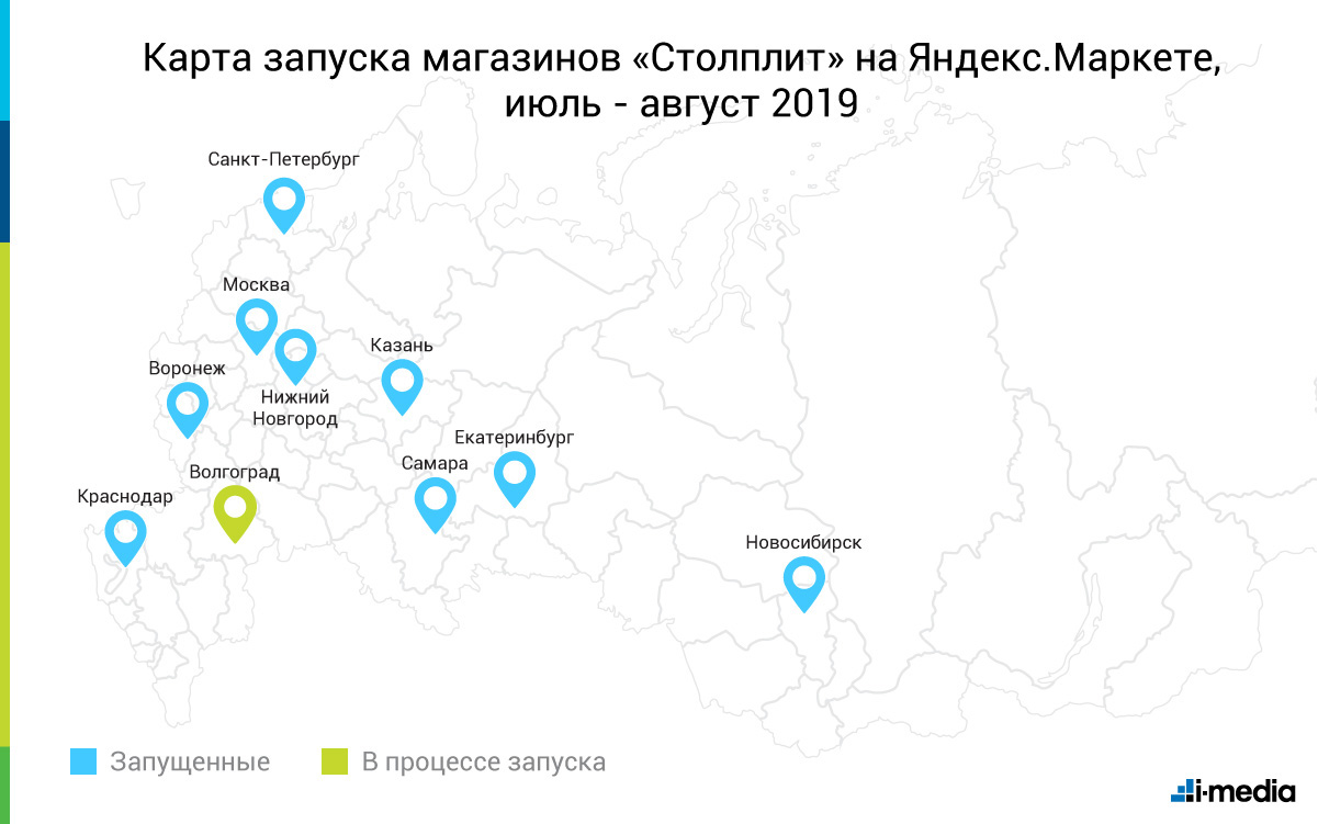 Карта запуска магазинов «Столплит» на Яндекс.Маркете, июль–август 2019