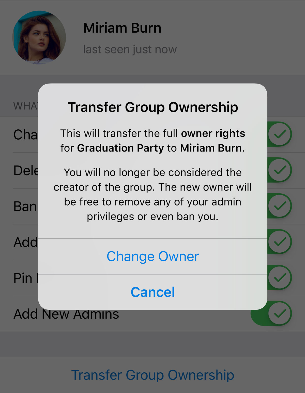 Как передать права на группу другому администратору в Telegram