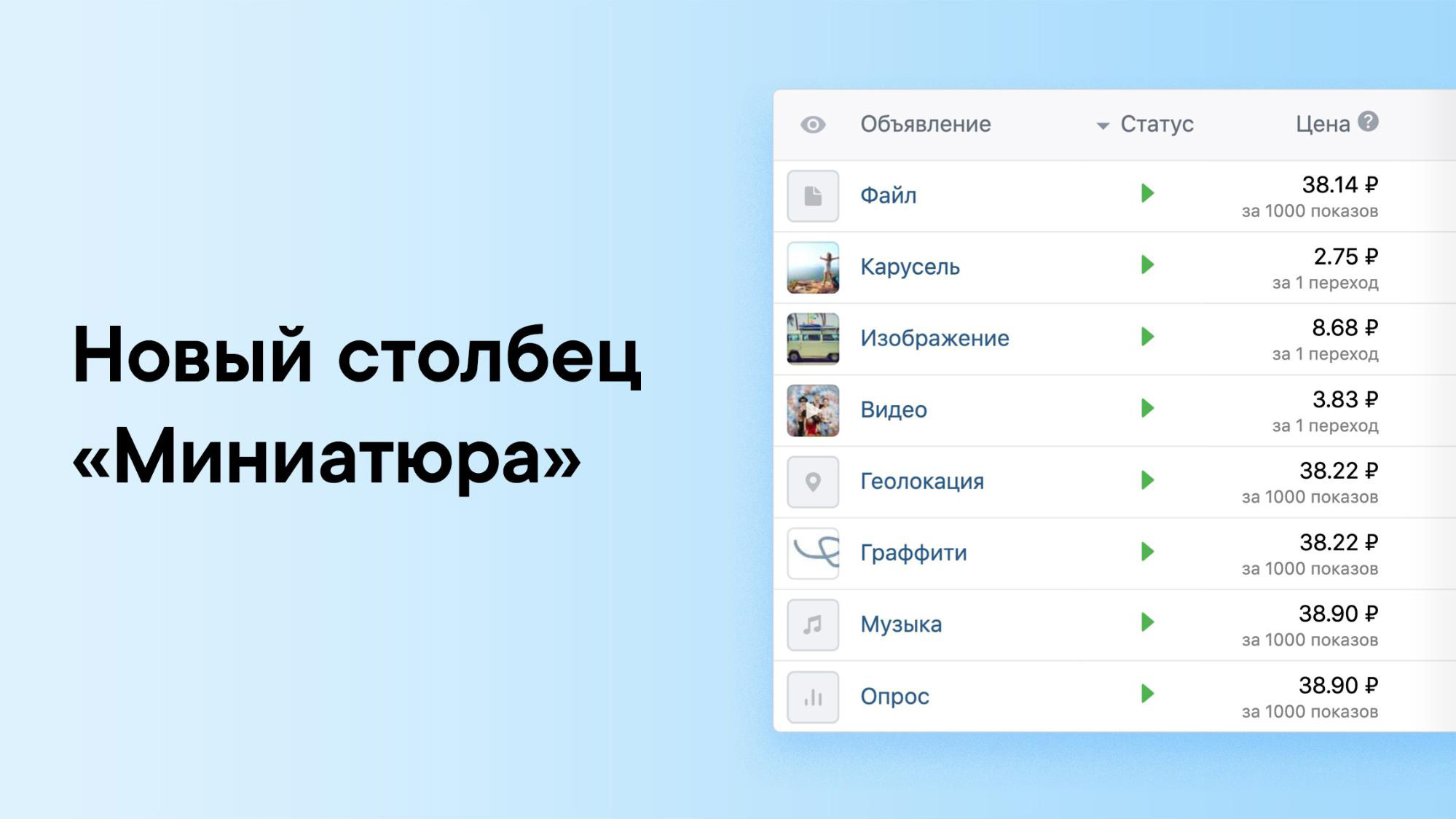 Предпросмотр объявлений ВКонтакте в таблице рекламного кабинета 