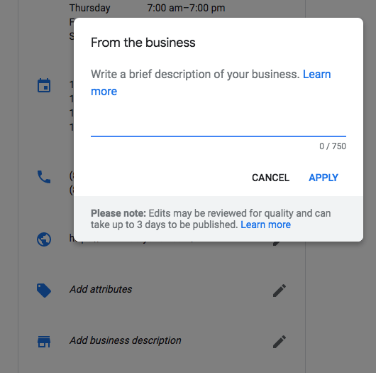 Функция описания компании в Google Мой бизнес