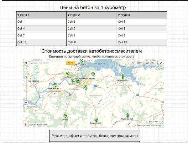 Третий экран прототипа лендинга по продаже бетона