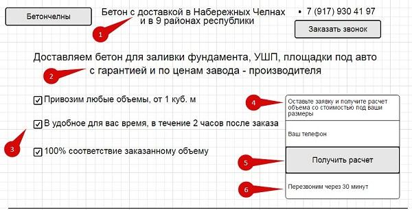 Первый экран прототипа страницы по продаже бетона