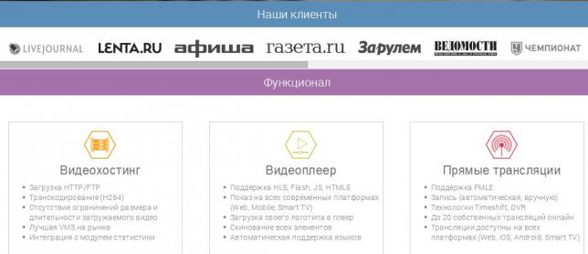 Блоки «Наши клиенты» и «Функционал» на сайте видео платформы Eagle